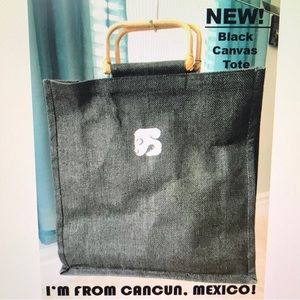 NEW! Black Canvas Tote Wood Handles from Cancun Mexico Boutique Shop